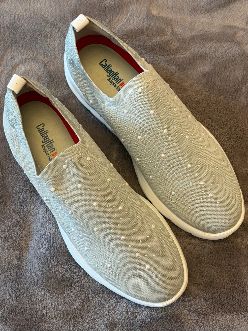 Knit Slip-On Sneakers with Pearl & Crystal Accents - Light Green - Picture 2 of 7